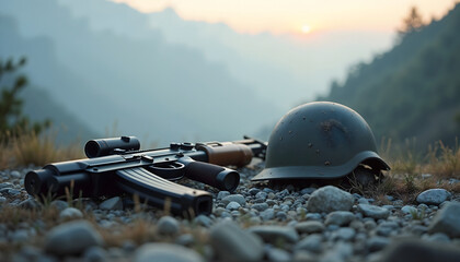 Rifle and helmet resting on rocky surface at sunset  