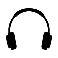 A black silhouette drawing depicts a pair of headphones used for listening
