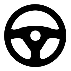 Black three spoke steering wheel icon conveying a sense of direction