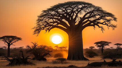 Conserving baobab tree essential climate change deforestation threaten iconic specie Standing tall against fiery African sunset massive trunk twisted branch create ancient silhouette Protecting specie