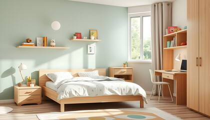 Bed and a desk in children's room, Dynamic motion. with white shades