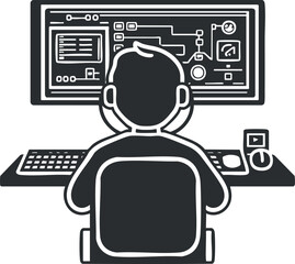 Naklejka premium Illustration of a programmer working on a computer with a complex software interface on a large monitor.