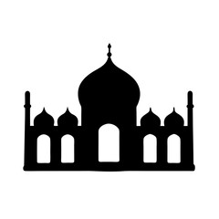 Silhouette of Taj Mahal showing domes minarets and arches on a white background