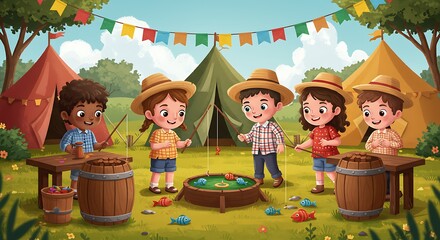 Fototapeta premium Children fishing game at summer camp with tents and decorations.