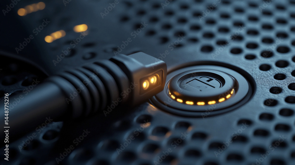 Poster network cable connection concept for internet security data transfer with lock icon on server panel 