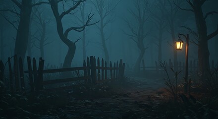 Eerie Path: Illuminated by lone lantern in a dark, misty woods