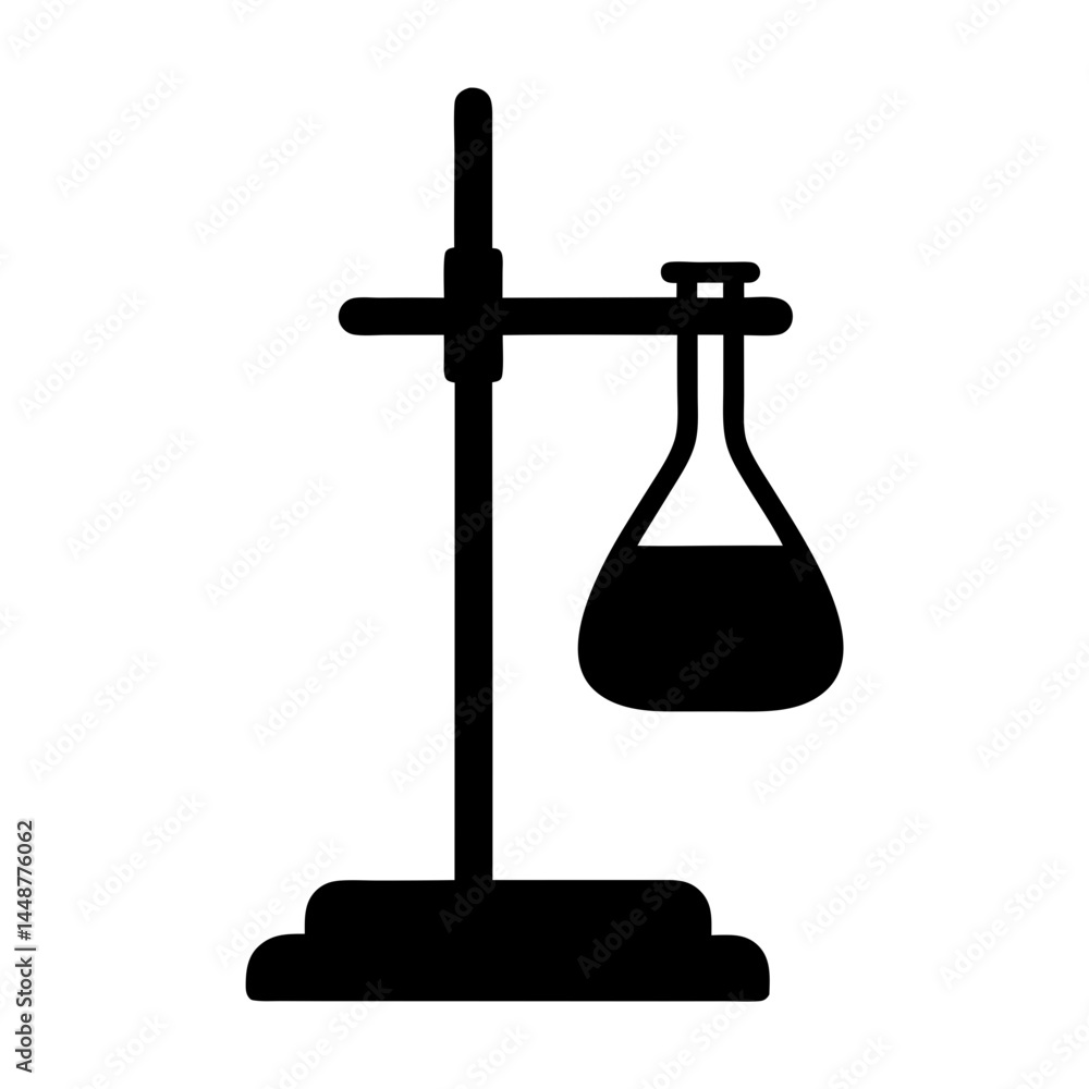 Poster laboratory erlenmeyer flask suspended on a stand with liquid inside in silhouette