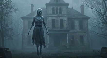 Naklejka premium Ghostly figure in front of a haunted house in the fog.