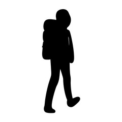 Silhouette of a backpacker walking with a large backpack on a white background