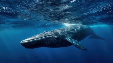 Fototapeta premium Majestic Blue Whale Swimming Beneath the Ocean Surface