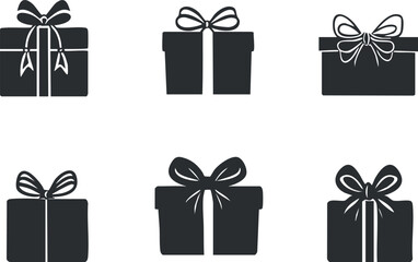 Set of six black and white gift box icons with ribbons and bows in various styles