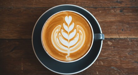 A coffee with a beautiful latte art design in a cafe setting