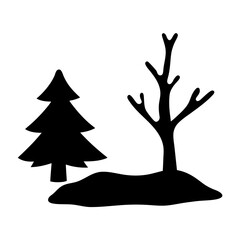 Silhouette of evergreen and deciduous trees on a small hill illustration