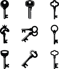 Key Icon Silhouette Set | Vintage & Modern Key Vector Collection Lock and Key Silhouettes | Security Key Icons Bundle