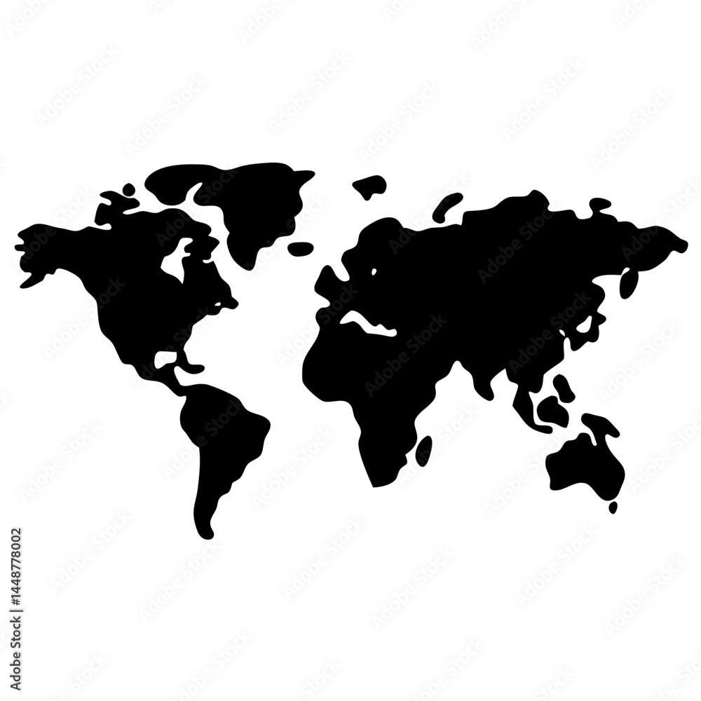 Poster global overview black and white world map silhouette with continent representation
