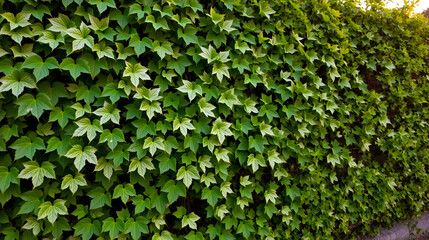 Obraz premium Foliage background, green fence, hedging foliage, green and white leaves, variegated two-tone leaves. the wall is covered with wild grapes. Light of the setting sun.