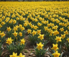 Fototapeta premium Thousands of daffodils in a sun-drenched field; vibrant yellow petals , macro, beauty