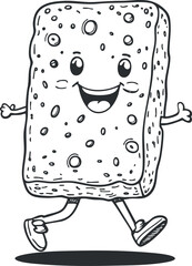 Black and white cartoon illustration of a happy walking bread slice character with smiling face and arms