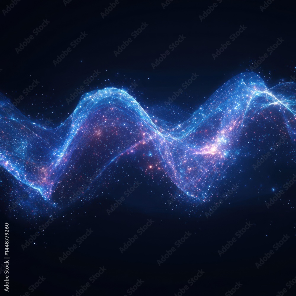 Poster glowing light waves abstract background with sparkling particles and dark backdrop