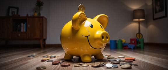 Cracked piggy bank spilling coins in modern living room, savings crisis