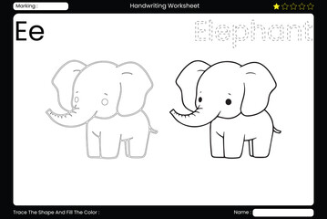 Trace Letter E. Adorable Elephant Coloring Page for Kids. Printable Vocabulary Builder. Educational Vector Worksheet