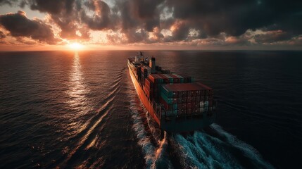 Container ship navigates the ocean at sunrise with colorful sky and shimmering water
