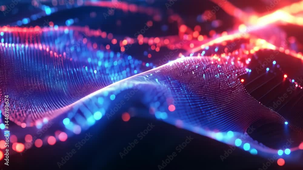 Poster vibrant neon waves and particles in dynamic abstract motion
