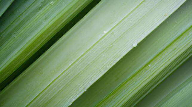 Close-up of a green leaf with water droplets on it. the leaf appears to be long and slender, with a pointed tip. the veins of the leaf are visible, and the droplets are glistening in the light. - Powered by Adobe