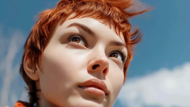 Hopeful Young Woman with Red Hair Looking Up at the Sky