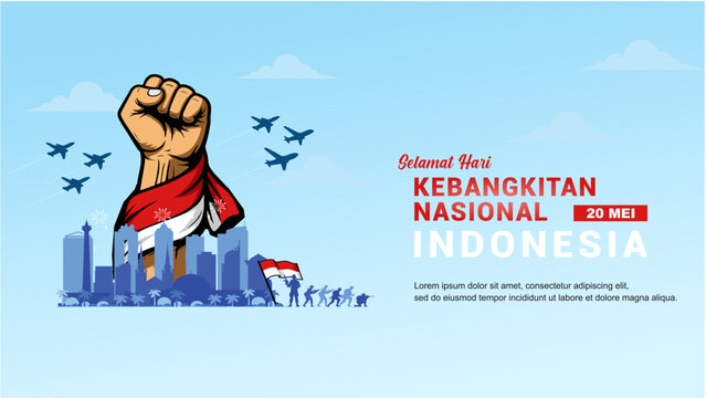 Vector of Indonesian National Awakening Day Celebration with raised fist, red and white flag, city skyline, fighter jets, and people marching, symbolizing patriotism and unity on May 20th