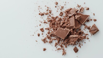 Fototapeta premium Pile of broken pieces of chocolate on a white background. the pieces are arranged in a scattered manner, with some overlapping each other.