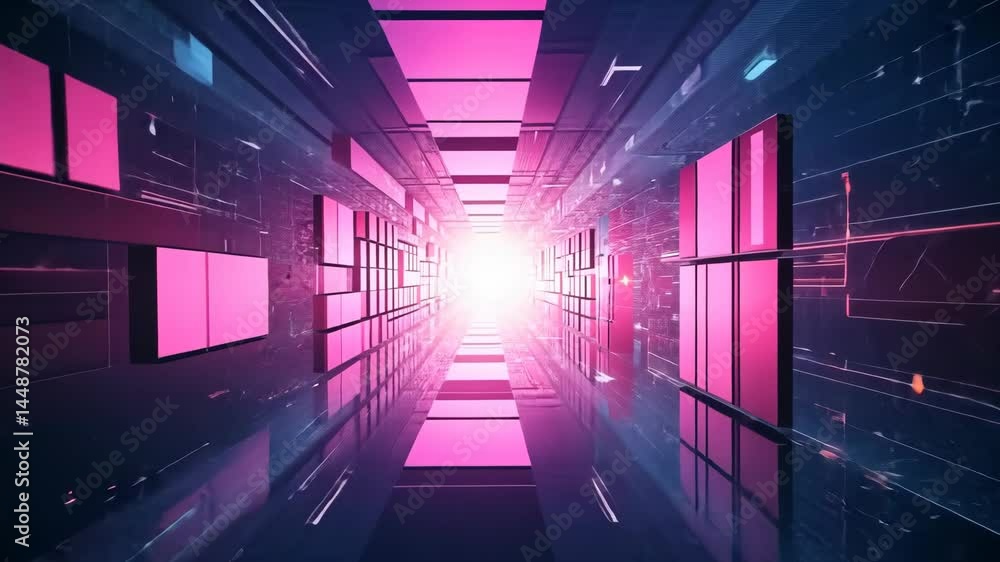 Poster neon light tunnel with futuristic geometric shapes and dynamic perspective shift