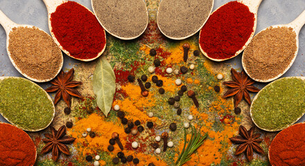 collection of various oriental spices on spoons top view
