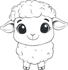 Cute cartoon lamb face with big eyes and fluffy wool in black and white illustration
