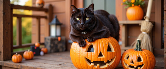 Fototapeta na wymiar Inquisitive black cat on carved pumpkin at rustic porch, Halloween spirit