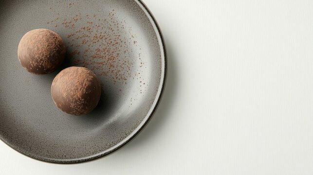 Two chocolate truffles on a grey plate. the plate is round and has a textured surface with small speckles scattered across it. the truffels are dark brown in color and appear to be freshly made.