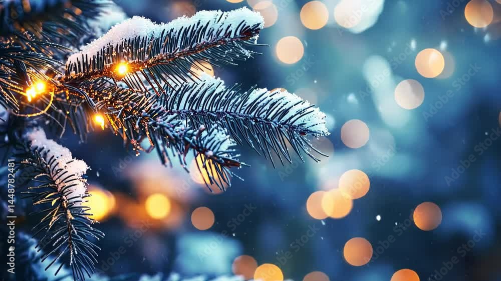 Poster snowy winter evening reveals sparkling lights on evergreen branches in a tranquil forest setting gen