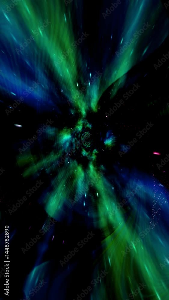 Poster Explore a stunning display of vibrant colors as a cosmic tunnel unfolds in an immersive visual experience moving through space and time, vertical video 
