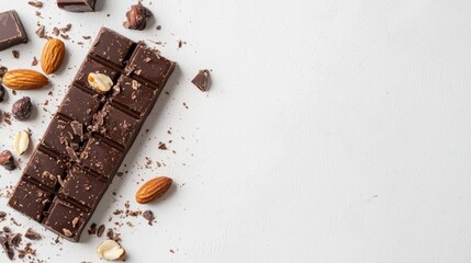 Rectangular chocolate bar on a white background. the chocolate bar is dark brown in color and has a crumbly texture.