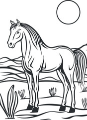 Black and white line art illustration of a horse standing in a natural landscape with sun and plants