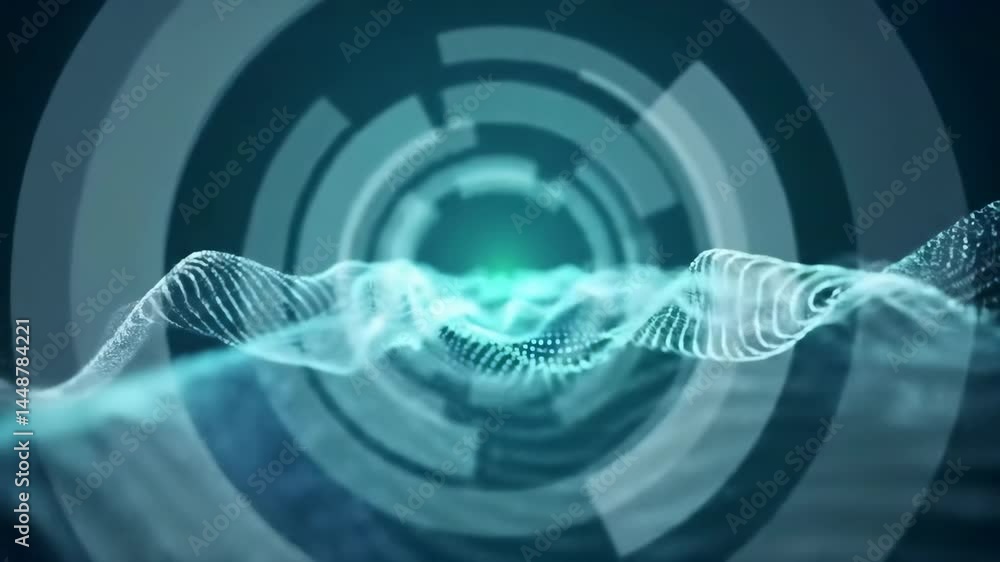 Poster abstract particle wave flowing through tech rings motion graphics