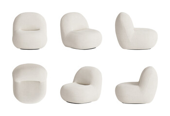 Set of six views of a contemporary cozy chair with rounded shapes, with light boucle upholstery...