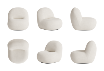 Set of six views of a contemporary cozy chair with rounded shapes, with light boucle upholstery isolated on a transparent background. Front view, top view, two sides, and two perspectives. 3d render