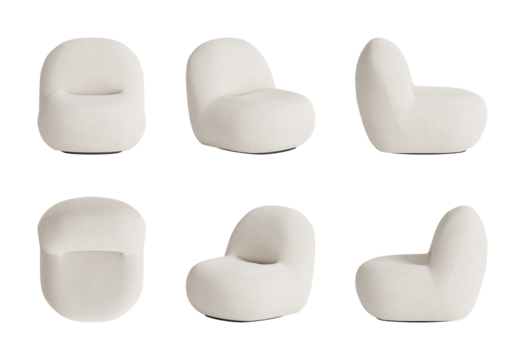 Set of six views of a contemporary cozy chair with rounded shapes, with light boucle upholstery isolated on a transparent background. Front view, top view, two sides, and two perspectives. 3d render