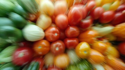 Close-up of a pile of fresh fruits and vegetables. the fruits are of different sizes and colors, including red, orange, yellow, and green.