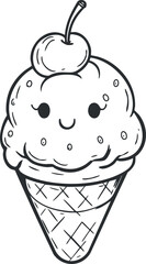 Cute cartoon ice cream cone with smiling face and cherry on top in black and white