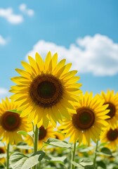 Radiant Sunflowers Bask Under Azure Skies: A Summer's Day Dream in a Vibrant Floral Landscape with Gentle Clouds