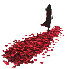 A mother walking on a path made of rose petals, poetic and elegant, ultra-HD textures, isolated against pure white.