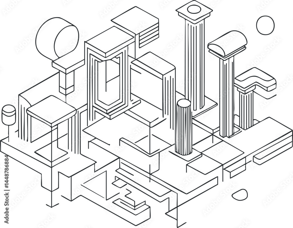 Poster isometric line art illustration of various architectural columns and geometric structures in a minim