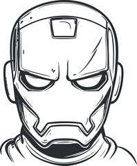 Black and white sketch of a futuristic robotic helmet with a stern expression and mechanical details